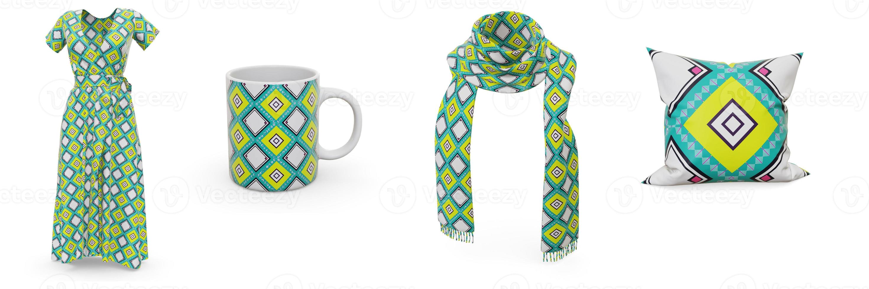 Examples of pattern design seamless are dresses, scarves, mugs and pillows. photo