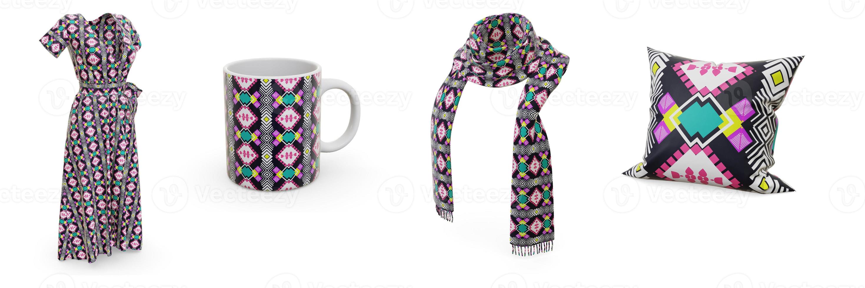 Examples of pattern design seamless are dresses, scarves, mugs and pillows. photo