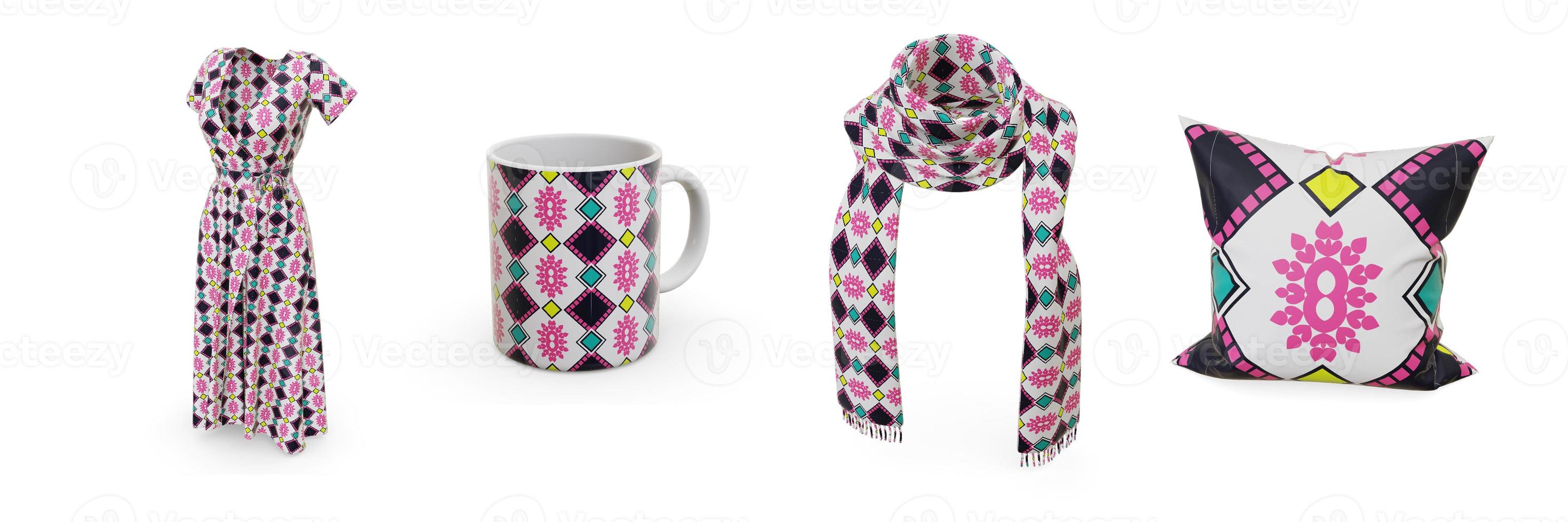 Examples of pattern design seamless are dresses, scarves, mugs and pillows. photo