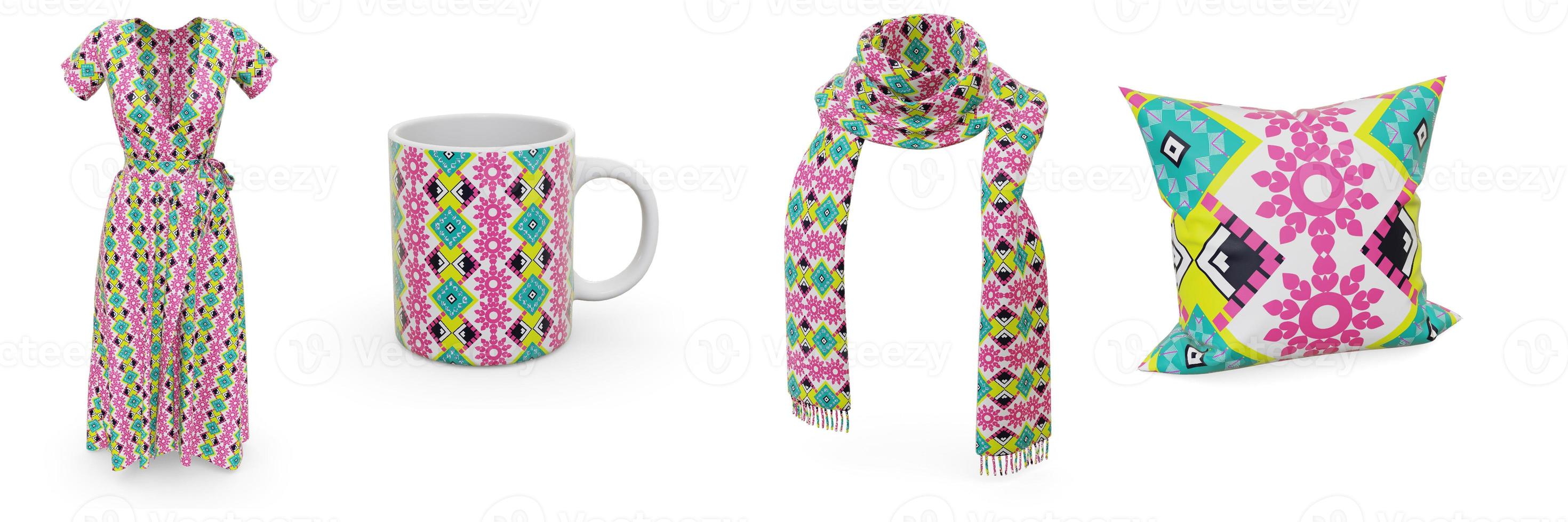 Examples of pattern design seamless are dresses, scarves, mugs and pillows. photo