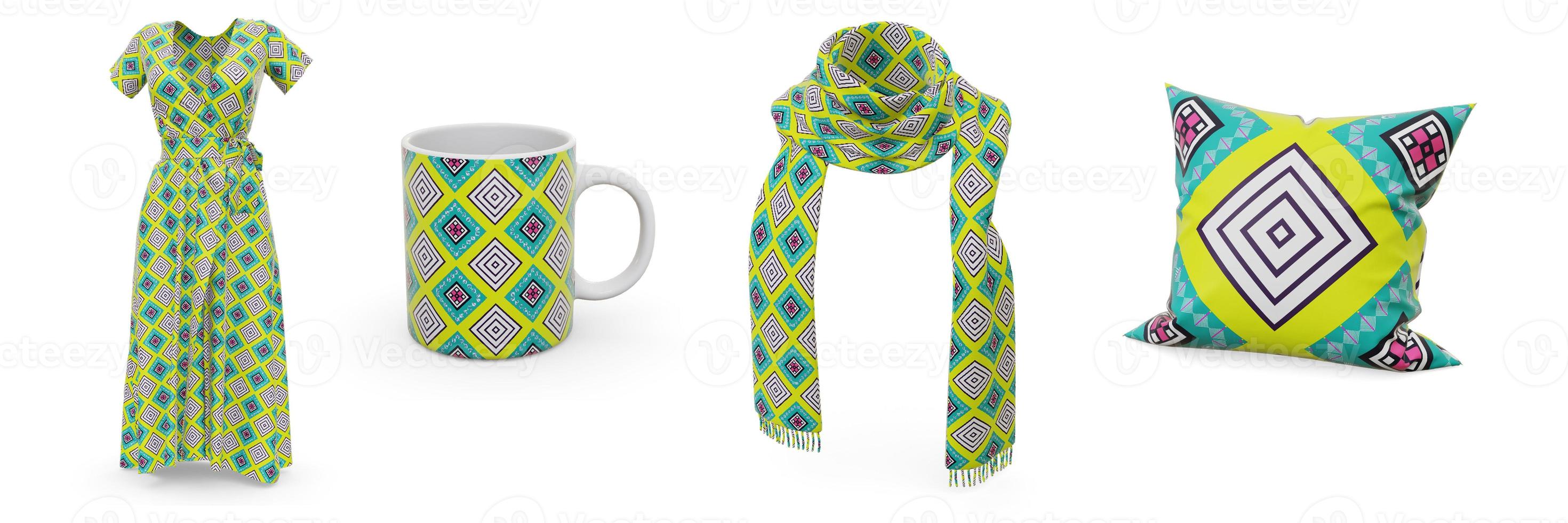Examples of pattern design seamless are dresses, scarves, mugs and pillows. photo