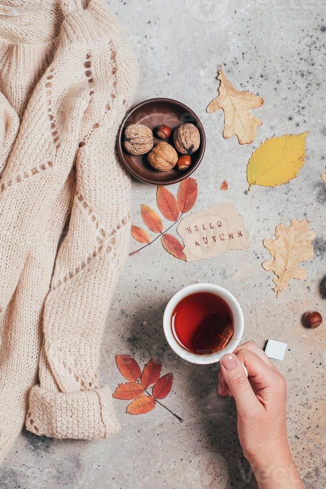 Cup of hot tea in woman's hands. Concrete autumn background with leaves and cozy beige sweater photo