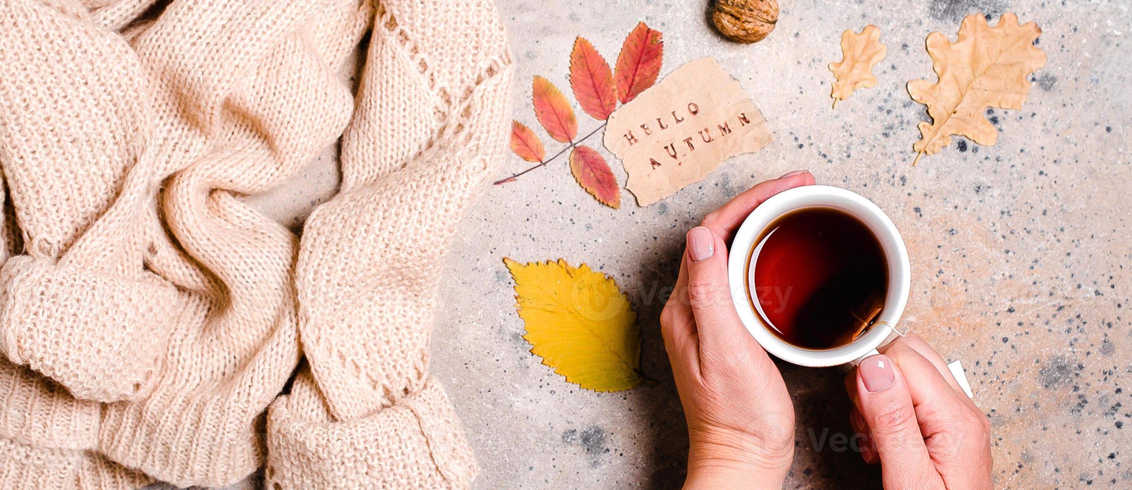 caída del otoño. imagen de banner para diseño, sitio web. taza de té en manos femeninas. concepto de bebidas de temporada. foto