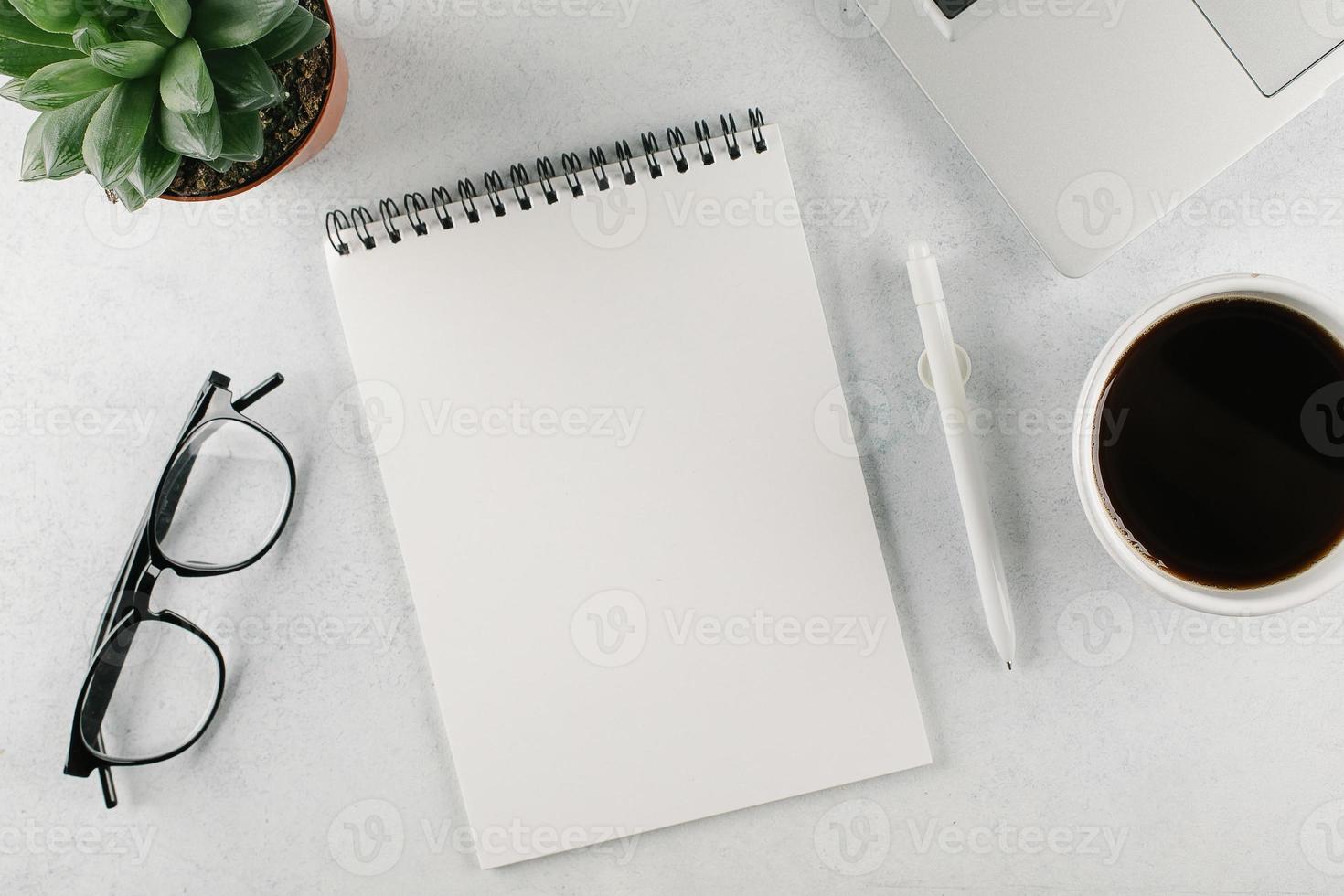 concepto de negocio. vista superior del cuaderno vacío, computadora portátil, taza de café, planta suculenta y anteojos sobre escritorio ligero. endecha plana foto