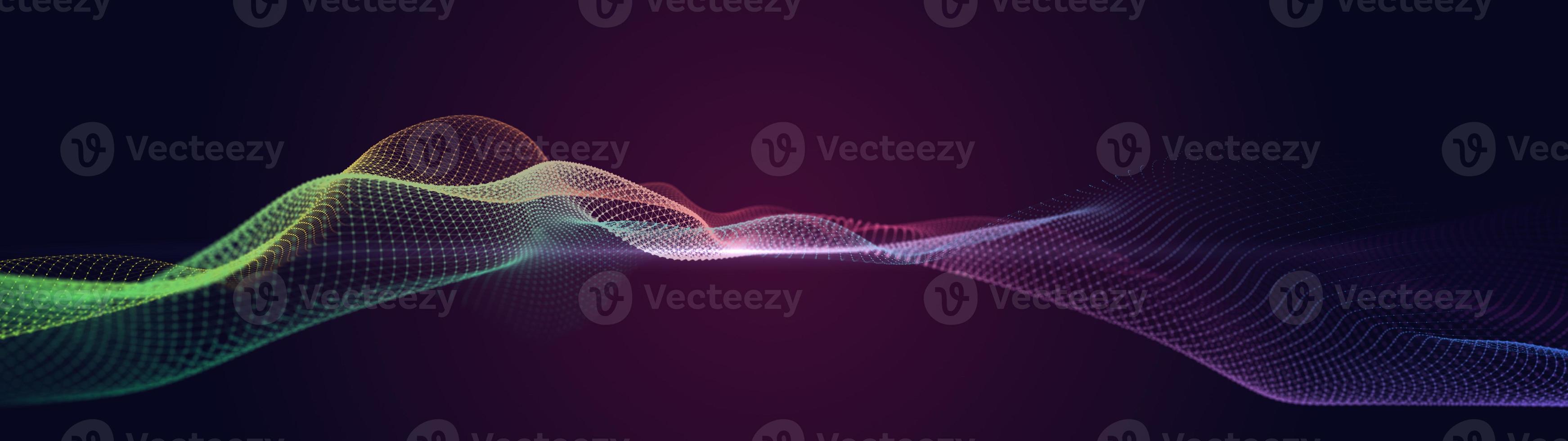 Futuristic musical luminous wave. The concept of big data. Network connection. Cybernetics. Abstract dark background of colored lines with dots. 3d rendering. photo