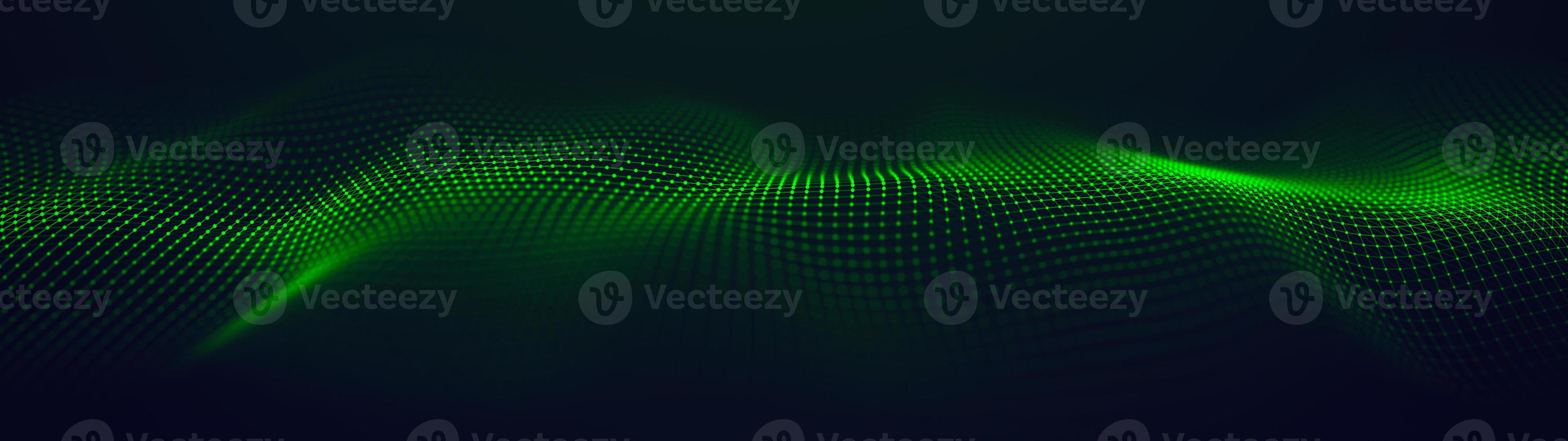 Futuristic green glowing wave. The concept of big data. Network connection. Cybernetics. Abstract dark background of green lines with dots. 3d rendering. photo