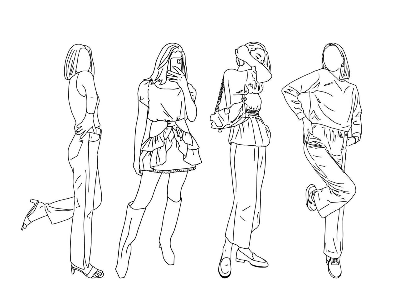 hermosas chicas con ropa de moda muestran un estilo juvenil moderno. estilo lineal. ilustración vectorial vector