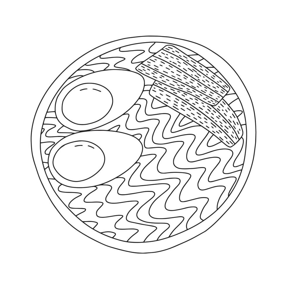 Vector asian traditional dish ramen top view. Hand drawn ramen dish table view sketch