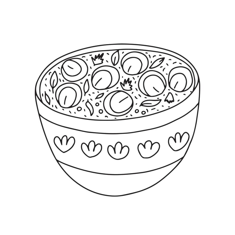 Vector Uzbek chuchvara soup in bowl hand drawn sketch