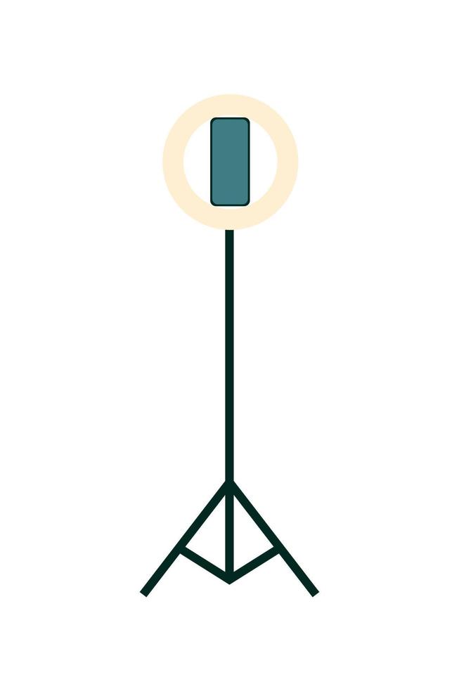 Tripod for shooting photos and videos with round lamp. Technique for blogger and photographer.  Vector stock illustration of trend gadget.