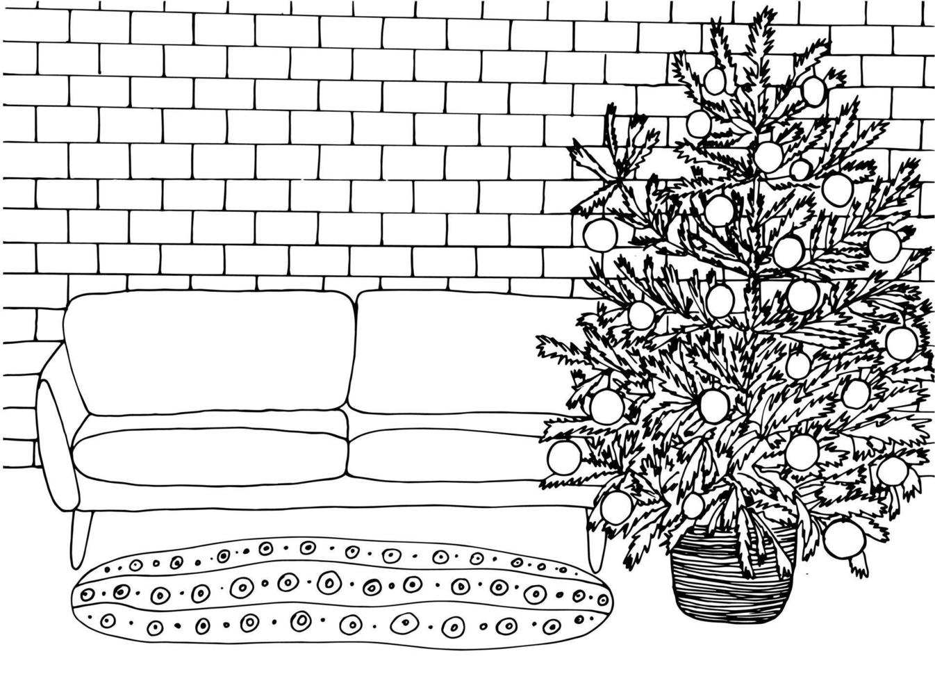 Christmas living room coloring page. Cozy home interior outline vector illustration. Big Christmas tree, sofa, brick wall, rug. Cute anti stress coloring book.