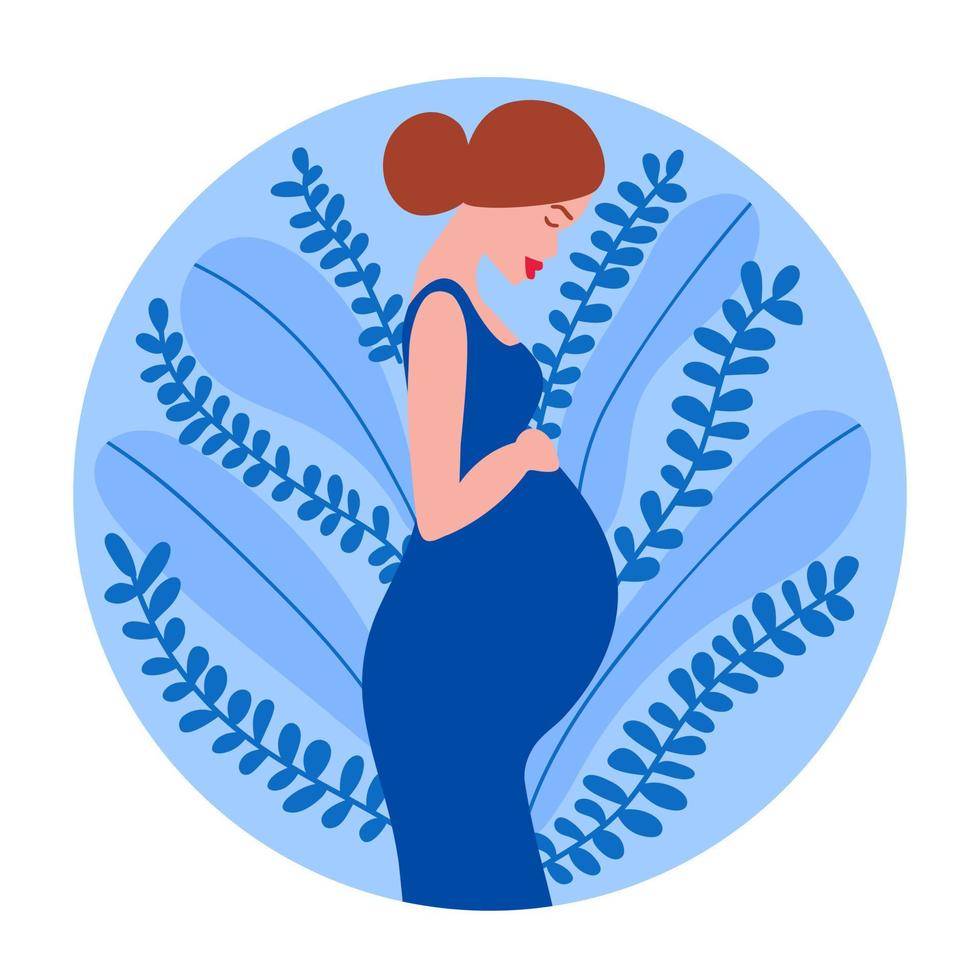 Vector pregnant woman. Woman holds her belly. Vector stock illustration. Pregnancy flat logo. Different leaves background.