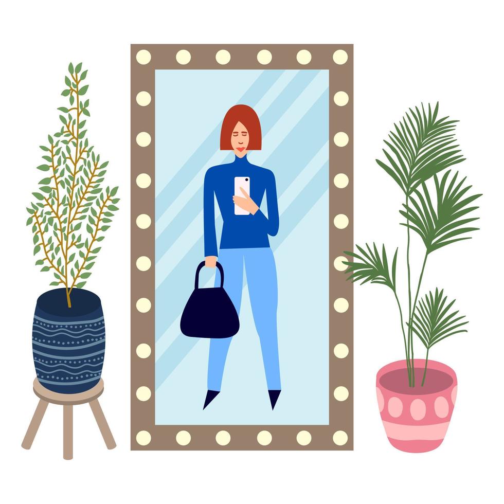 Stylist blogger making selfie in mirror. Woman taking photo in mirror. Fashion girl vector illustration.