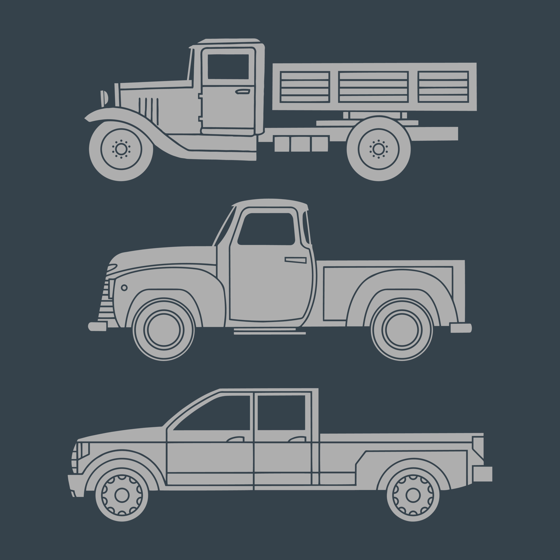 Set of vintage trucks. Simple icons on a dark background for printing.  Vector illustration 17111598 Vector Art at Vecteezy