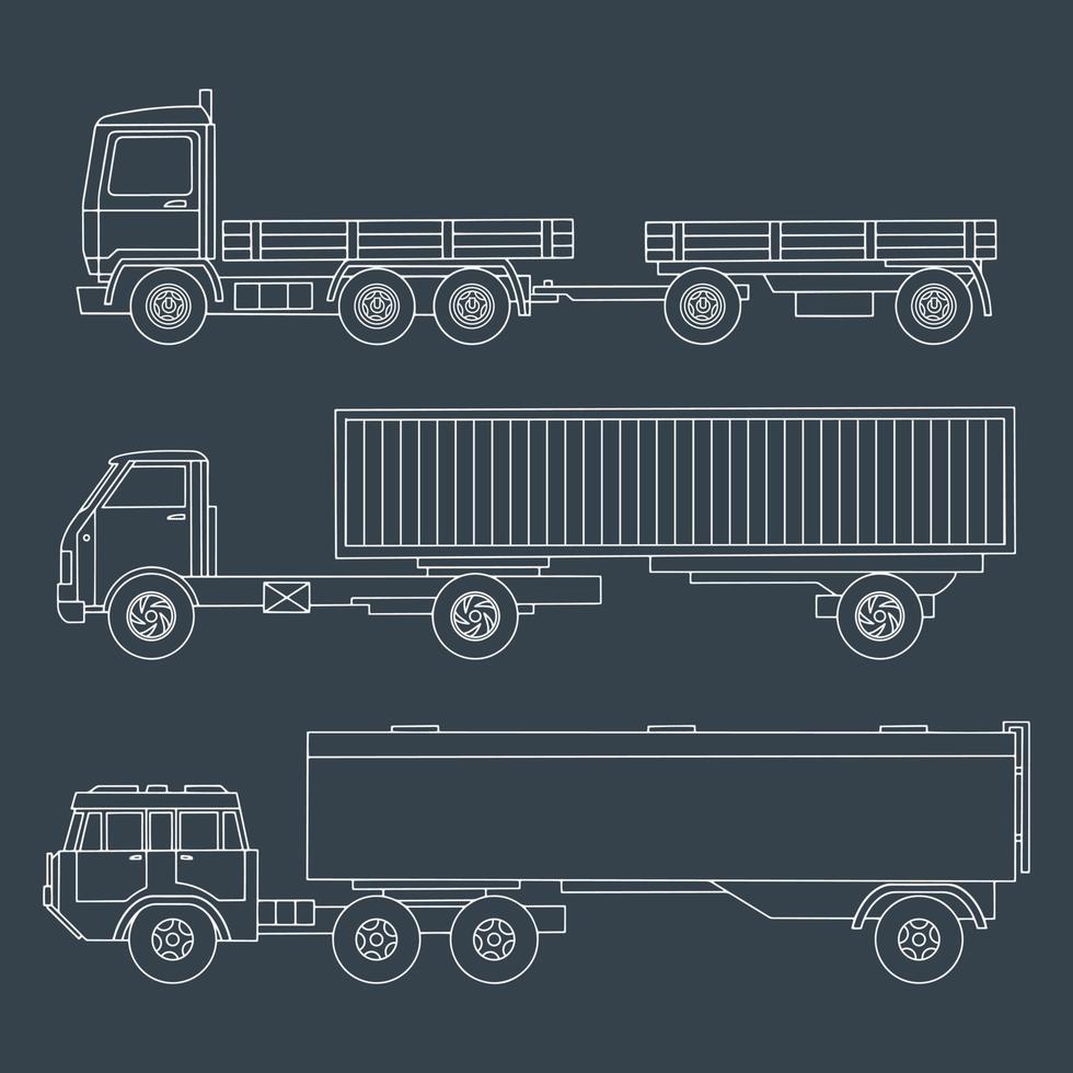conjunto de camiones dibujados con vista lateral del remolque. dibujo lineal con detalles detallados. ilustración vectorial vector