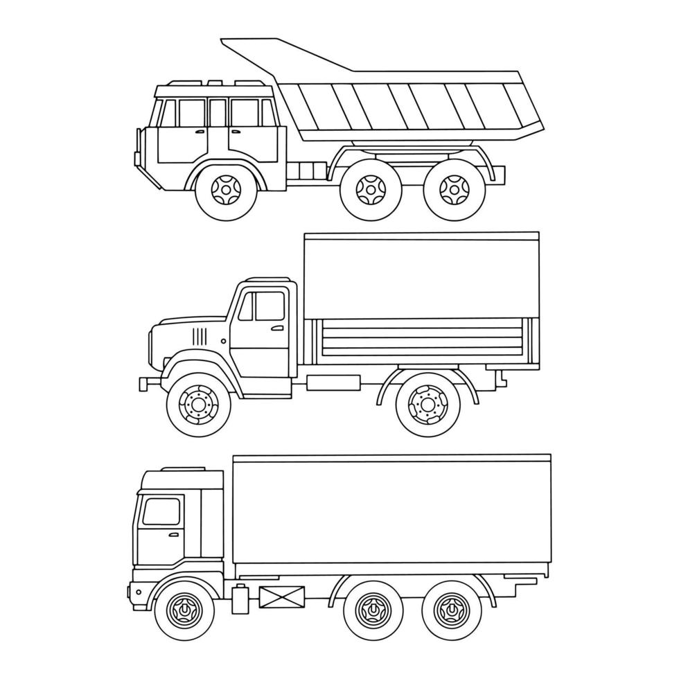 Trucks outline set. For coloring books. Vector illustration.