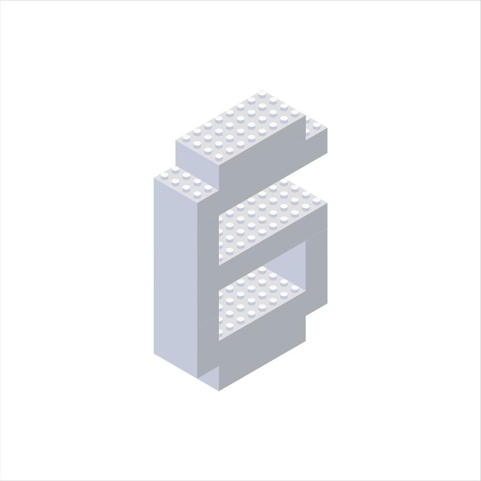 Isometric numeral 6 in gray on a white background is assembled from plastic blocks. Vector illustration.