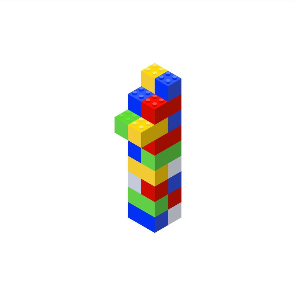 Isometric letter 1 assembled from plastic blocks. Vector illustration.