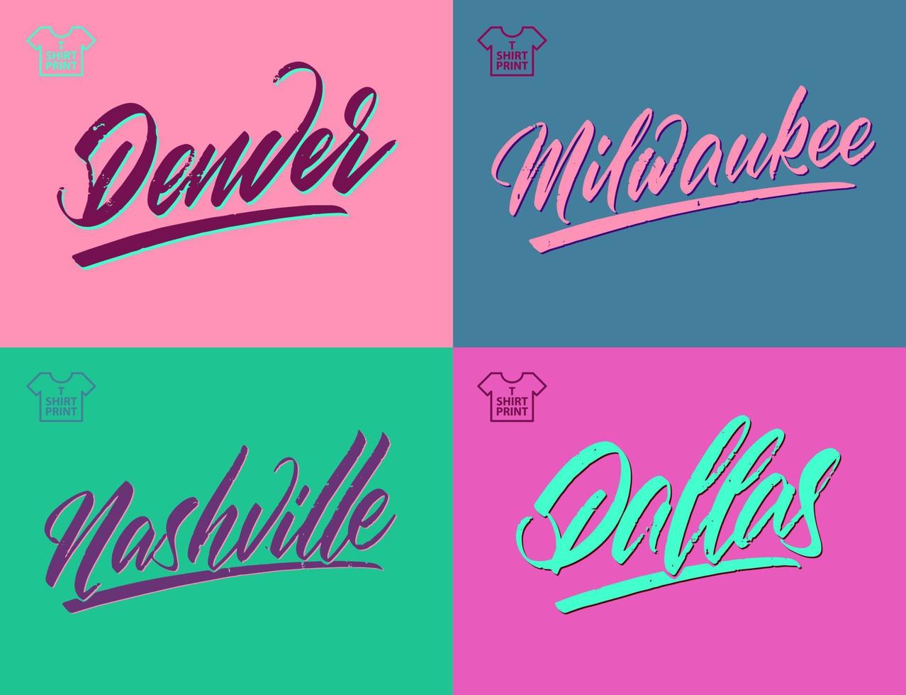 Letras de pincel manuscritas antiguas de las ciudades de América. denver, dallas, nashville, milwaukee. ilustración vectorial vector