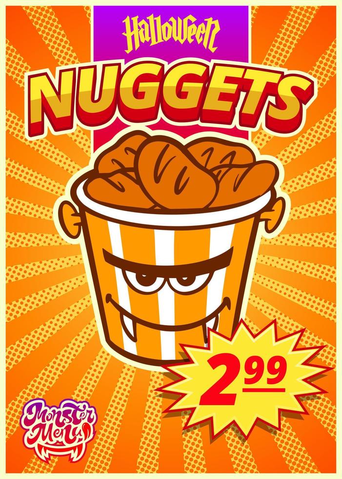 Monster menu with nuggets. A vertical banner with a price tag for a fast food cafe on Halloween day. Vector illustration.