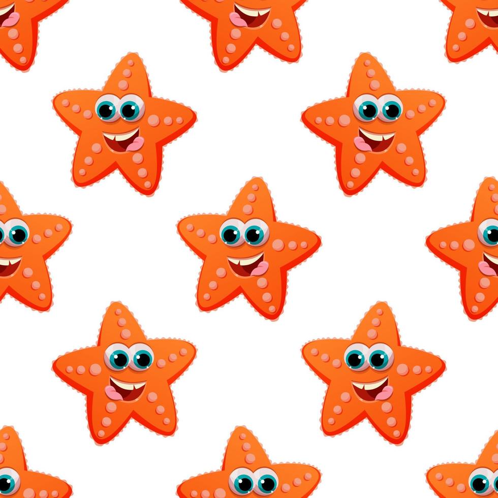 A pattern of cartoon multicolored cheerful starfish on a white background for print, decoration and design. Vector illustration.