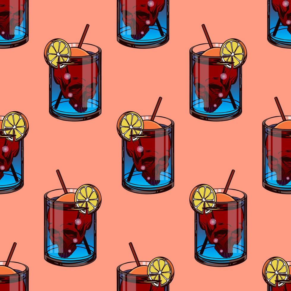 A pattern of glasses with a blue drink in which there is a skull. For printing and decoration of holidays and parties. Vector illustration.