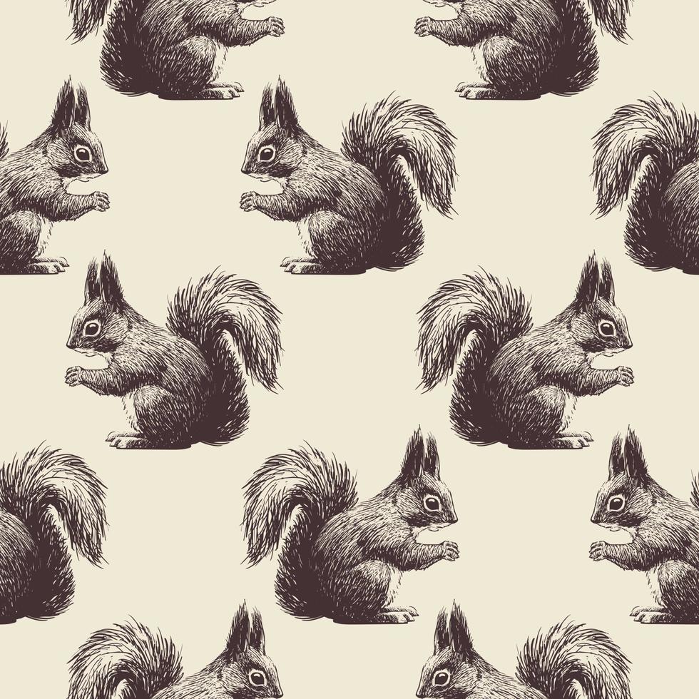 Hand-drawn pattern squirrels on a beige background for printing on paper, textiles and decoration. Vector illustration.