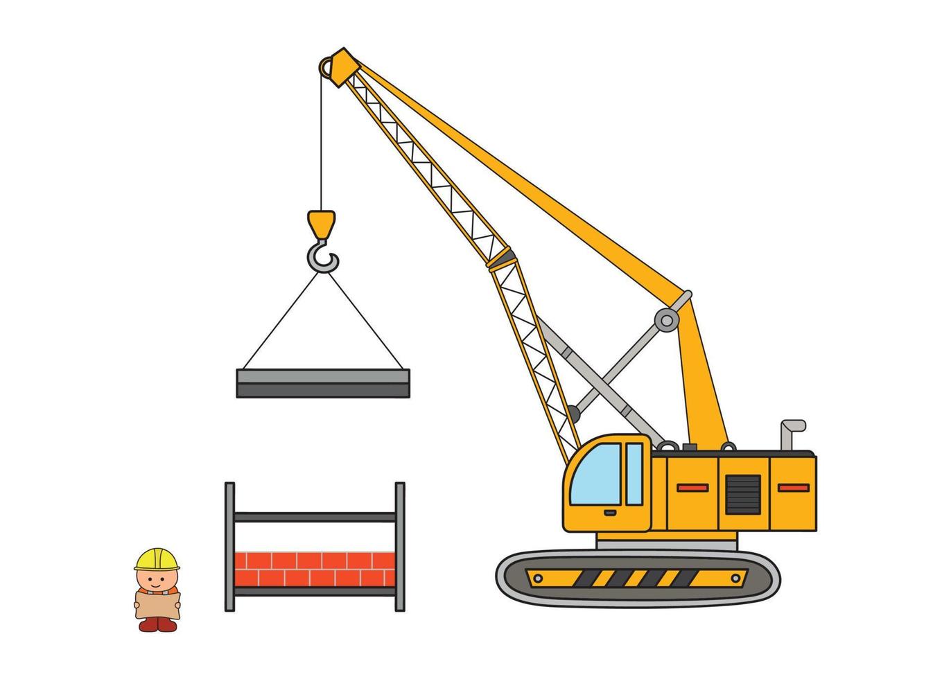 vector illustration Hand drawn color children construction set crane machine excavator and construction worker holding a map