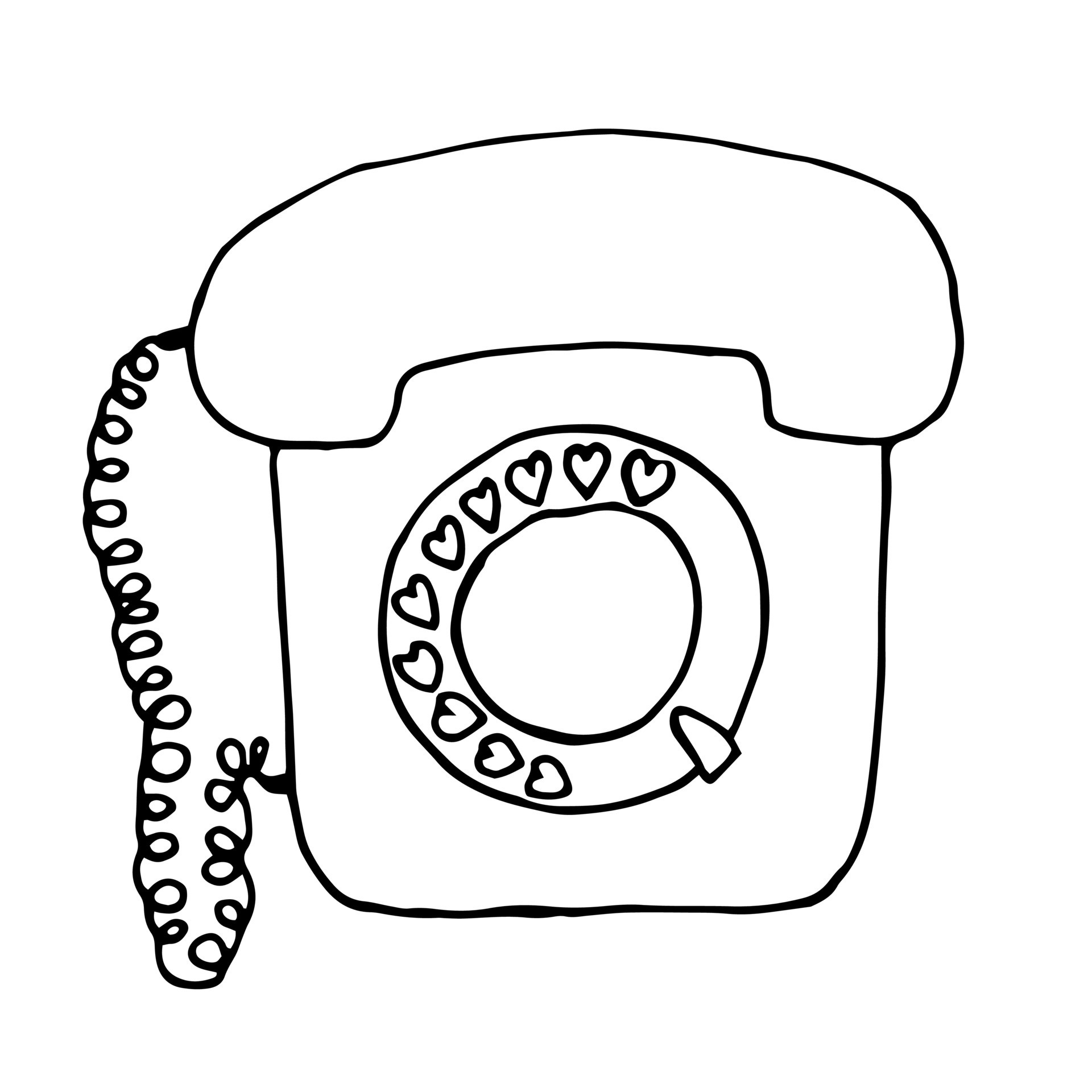Doodle telephone sketch. Hand drawn vector retro phone with little hearts. Holiday lovely decor