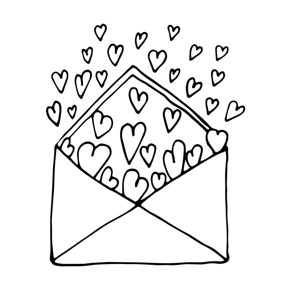 Vector envelope with hearts in doodle style. Hand drawn lovely letter isolated on white background.