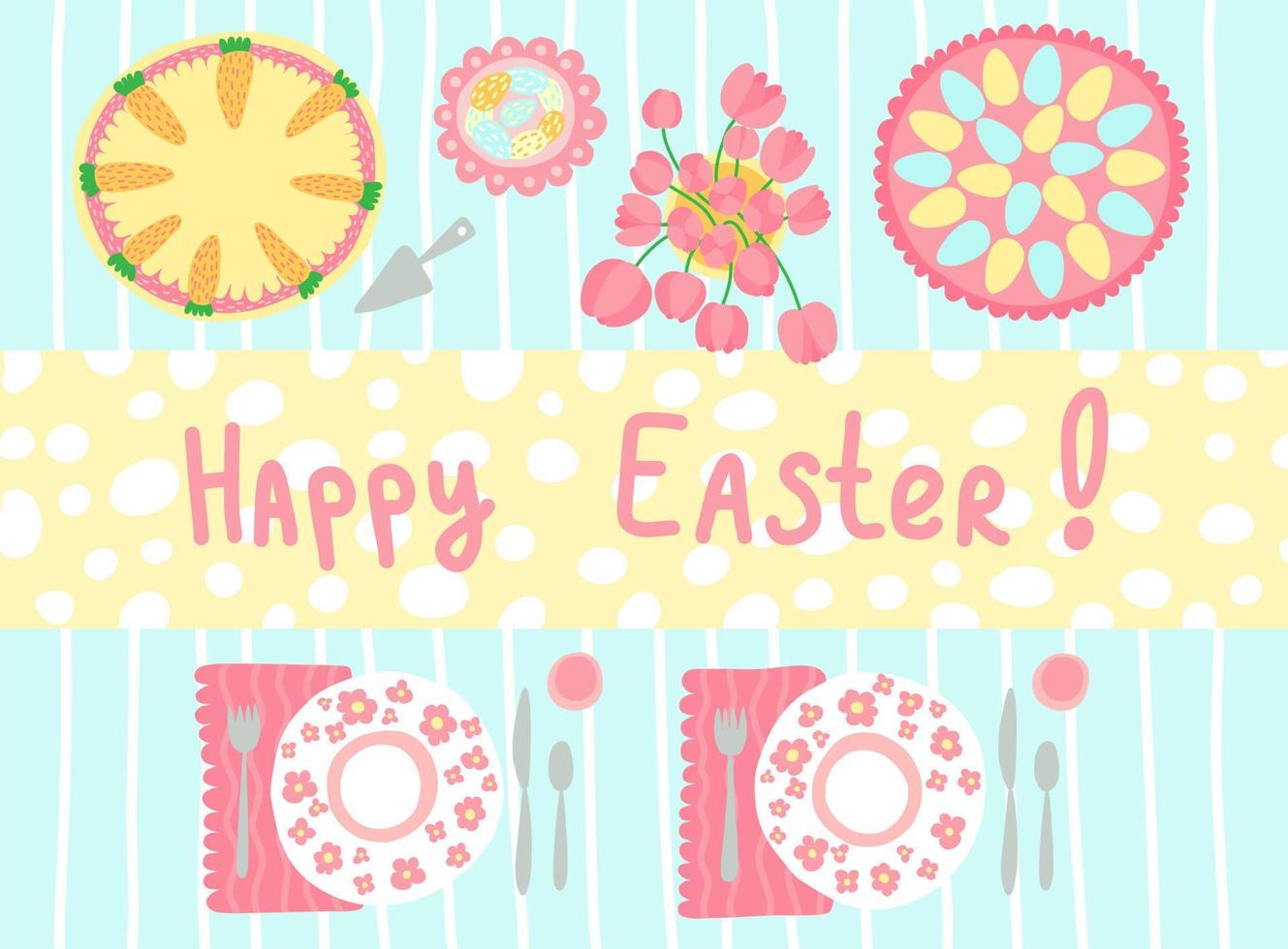 Ilustración de vector de tarjeta de felicitación de Pascua feliz. vista superior de la mesa de Pascua. comida tradicional de pascua, pastel de zanahoria y huevos de colores