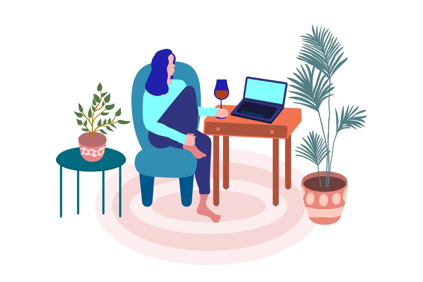 Woman sitting in cozy living room with a glass of wine in hand and in front of laptop. Cute home interior with houseplants. Work at home, freelance, online. vector