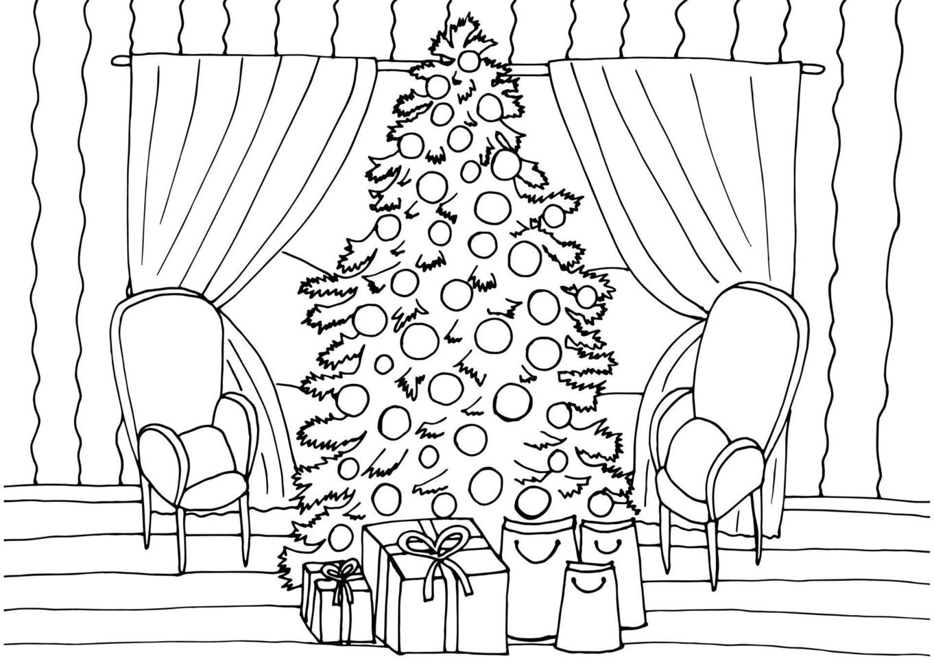 Christmas living room coloring page. Cozy home interior outline vector illustration. Big Christmas tree, armchair, window, curtains, gift boxes, presents.