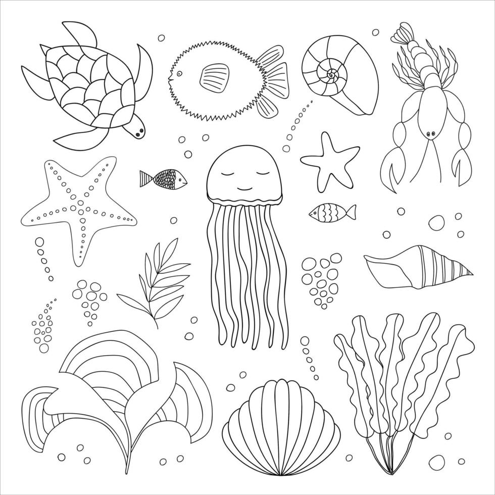 gran conjunto de animales marinos. página para colorear de vida marina vectorial. garabatos dibujados a mano, peces y animales submarinos. diseño para pegatinas, decoración, patrón, impresión, tarjetas. tortuga, medusa, pez bola, estrella de mar, algas. vector