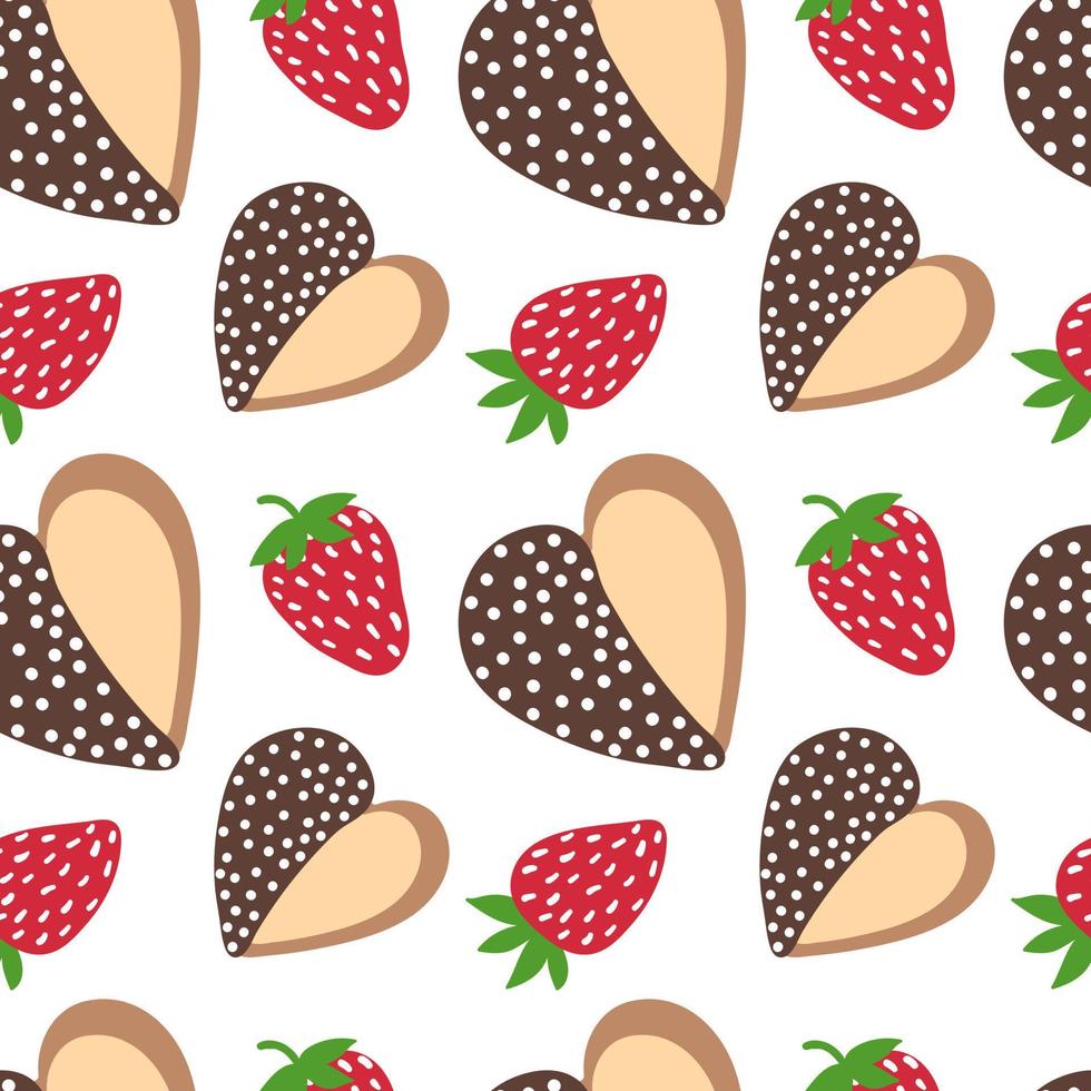 Strawberry and cookie. Doodle strawberry in chocolate and heart cookie background. Vector seamless pattern.