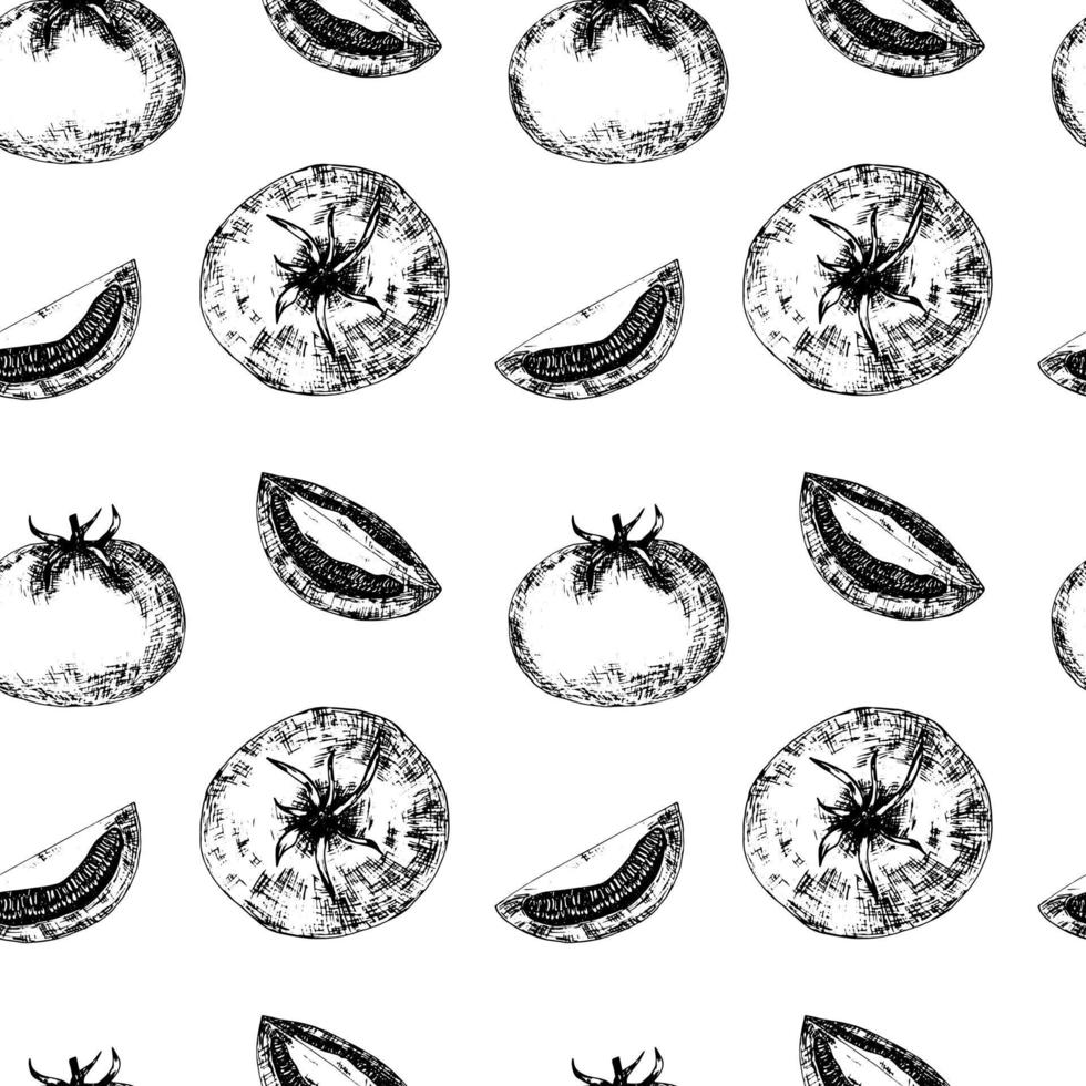 Tomatoes vector graphic seamless pattern. Black and white tomato pattern on white background.