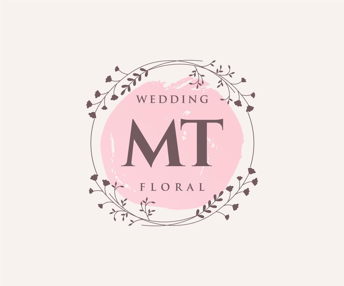 MT Initials letter Wedding monogram logos template, hand drawn modern minimalistic and floral templates for Invitation cards, Save the Date, elegant identity. vector