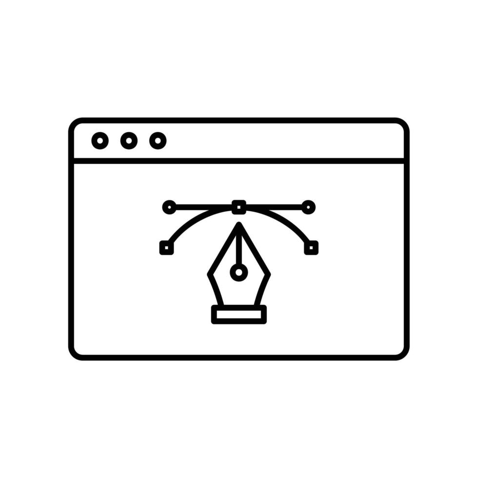 el icono del proceso de diseño del sitio web se representa como un bolígrafo con nodos y puntos de anclaje en el navegador. en estilo de contorno negro vector