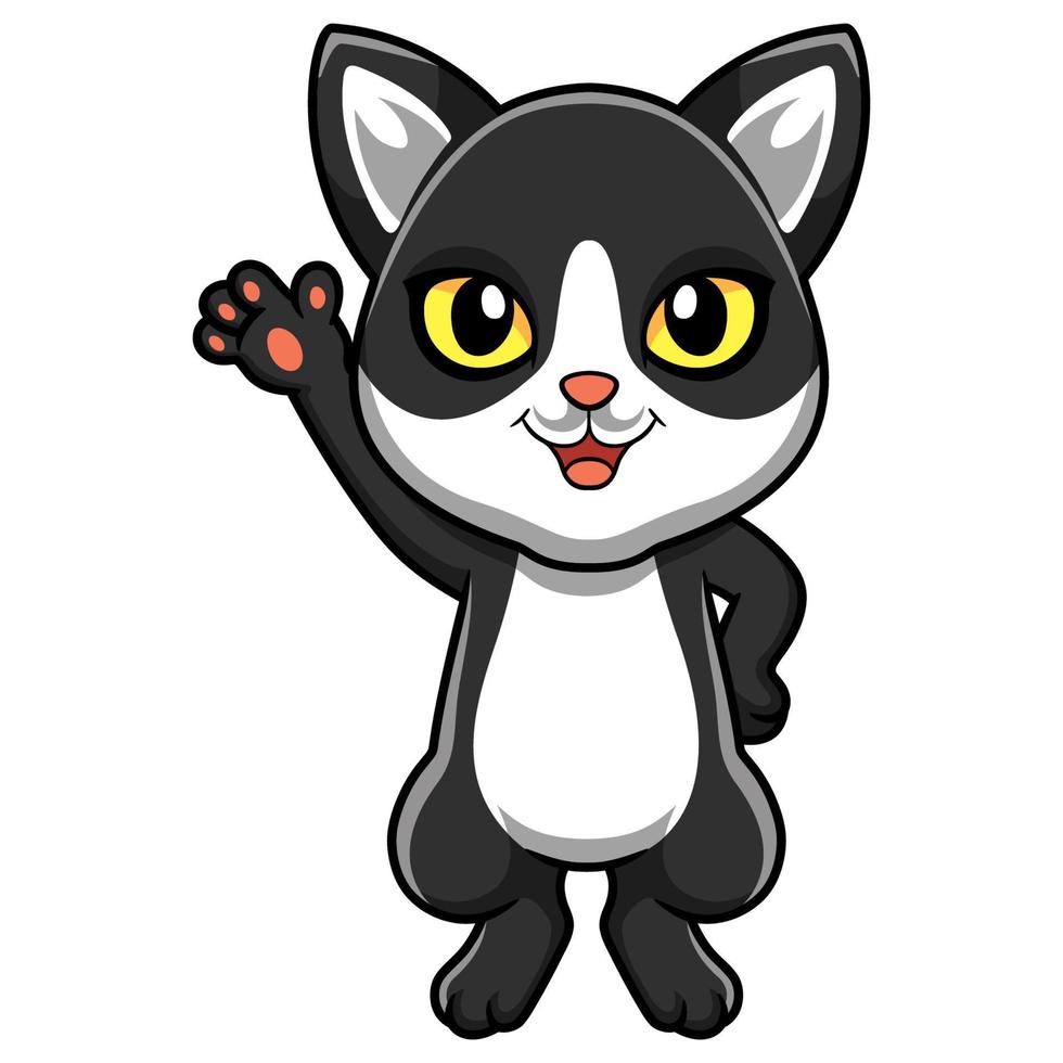 dibujos animados lindo gato humo negro agitando la mano vector
