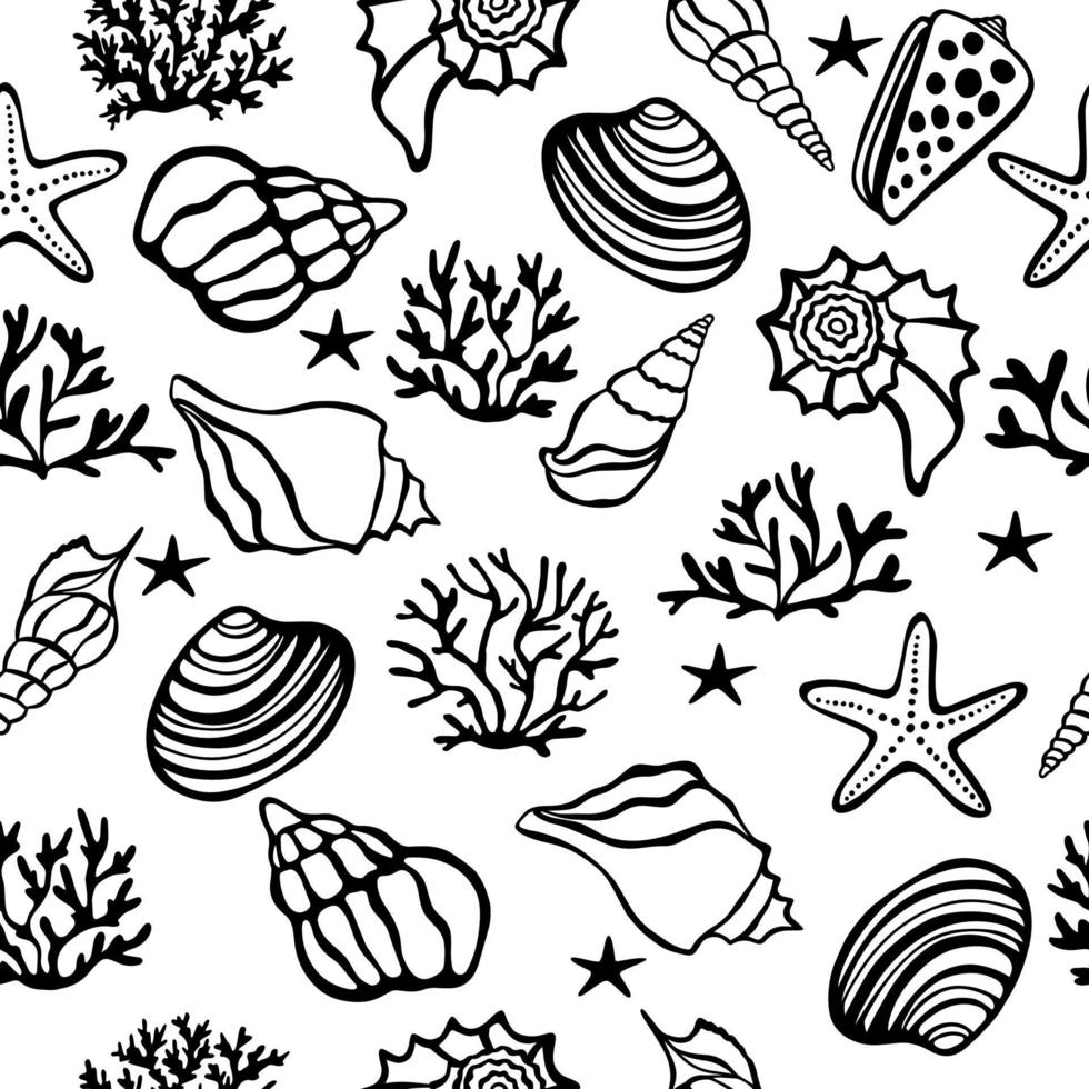 Seamless marine pattern. Summer print with seashells algae and starfish vector