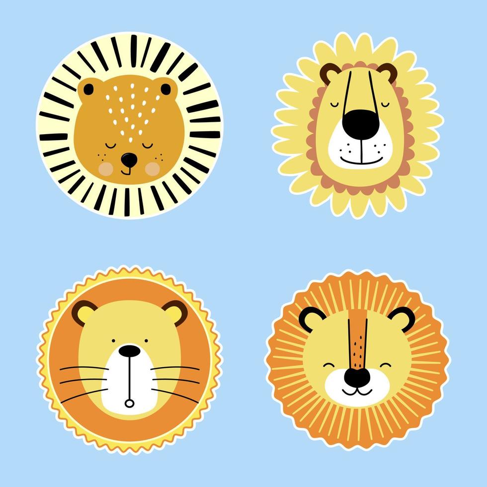 Set cute cartoon head lion vector illustration isolated on white background. Nursery print