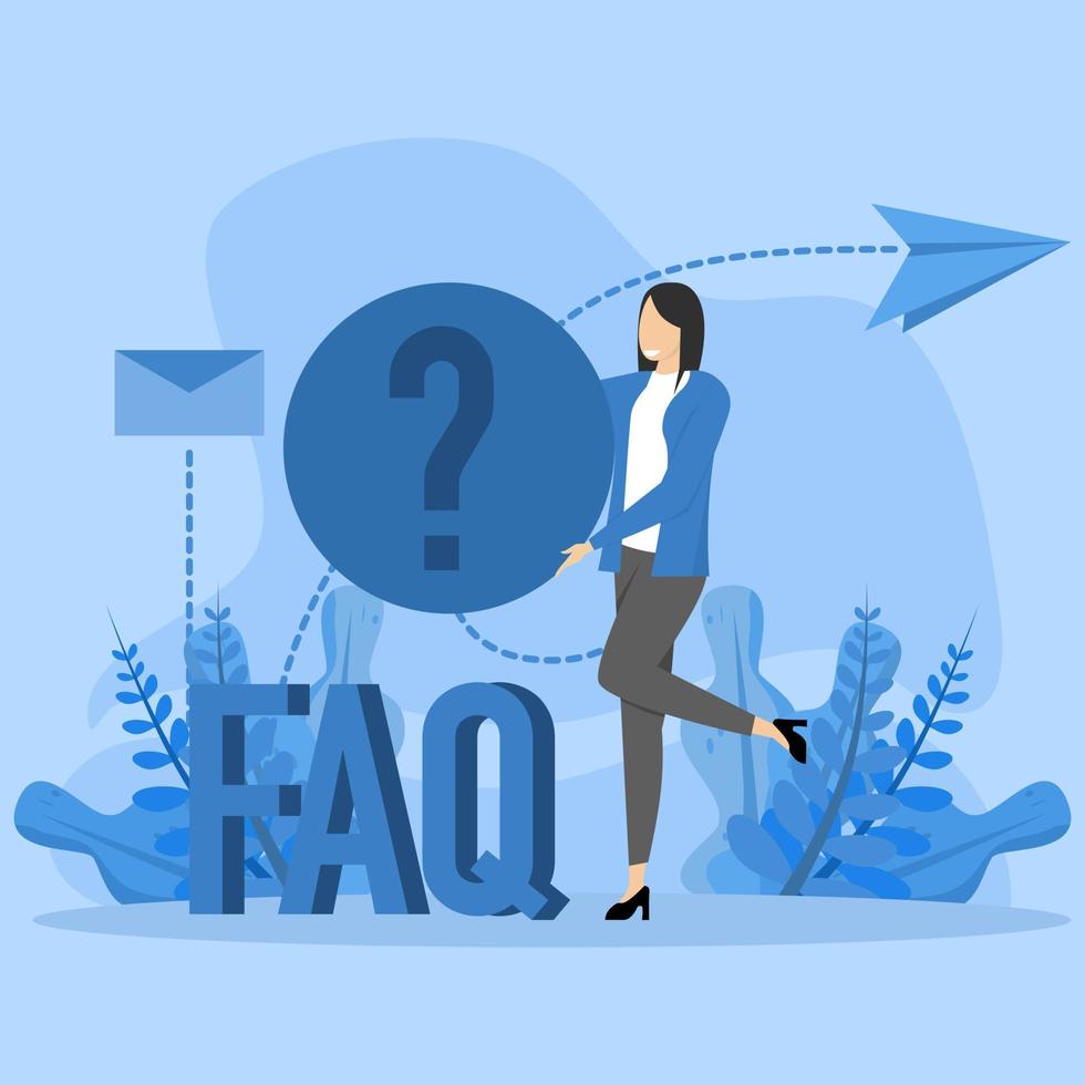 Frequently Asked Questions concept, woman with long hair saying in message bubble and holding big blue question mark next to FAQ lettering vector illustration for website