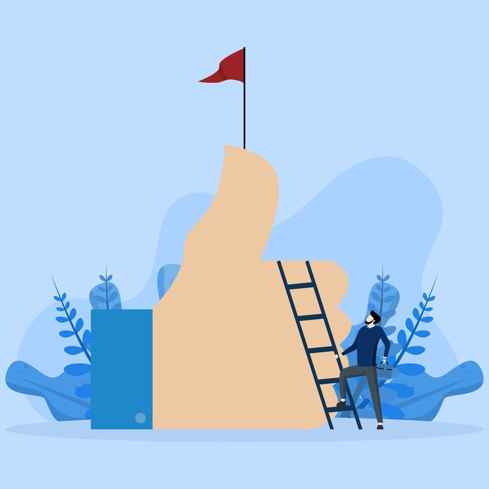 businessman going up ladder to achieve thumbs up achievement, Successful journey to get positive feedback, employee or customer satisfaction concept, high performance evaluation or review, good job. vector