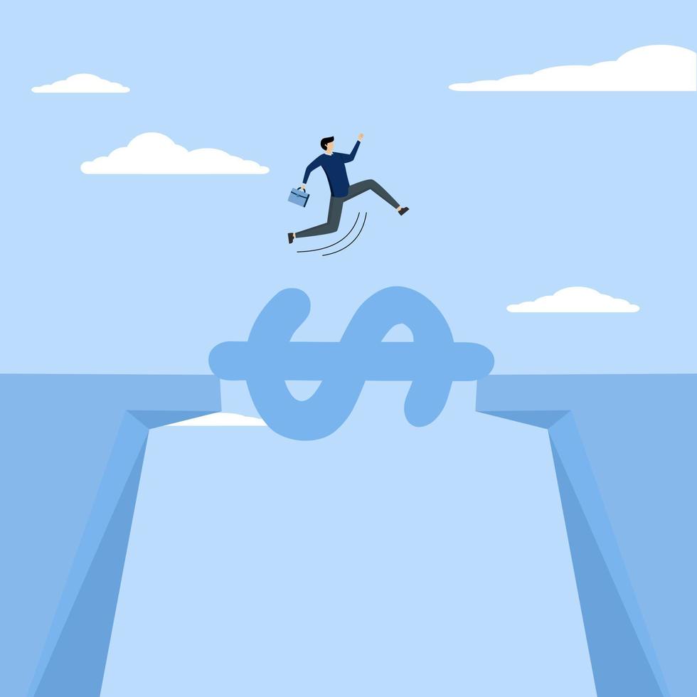 Money to save, support business to survive, businessman jump over cliff gap with dollar sign bridge, financial aid solution to get through crisis, budget or loan repayment concept. vector