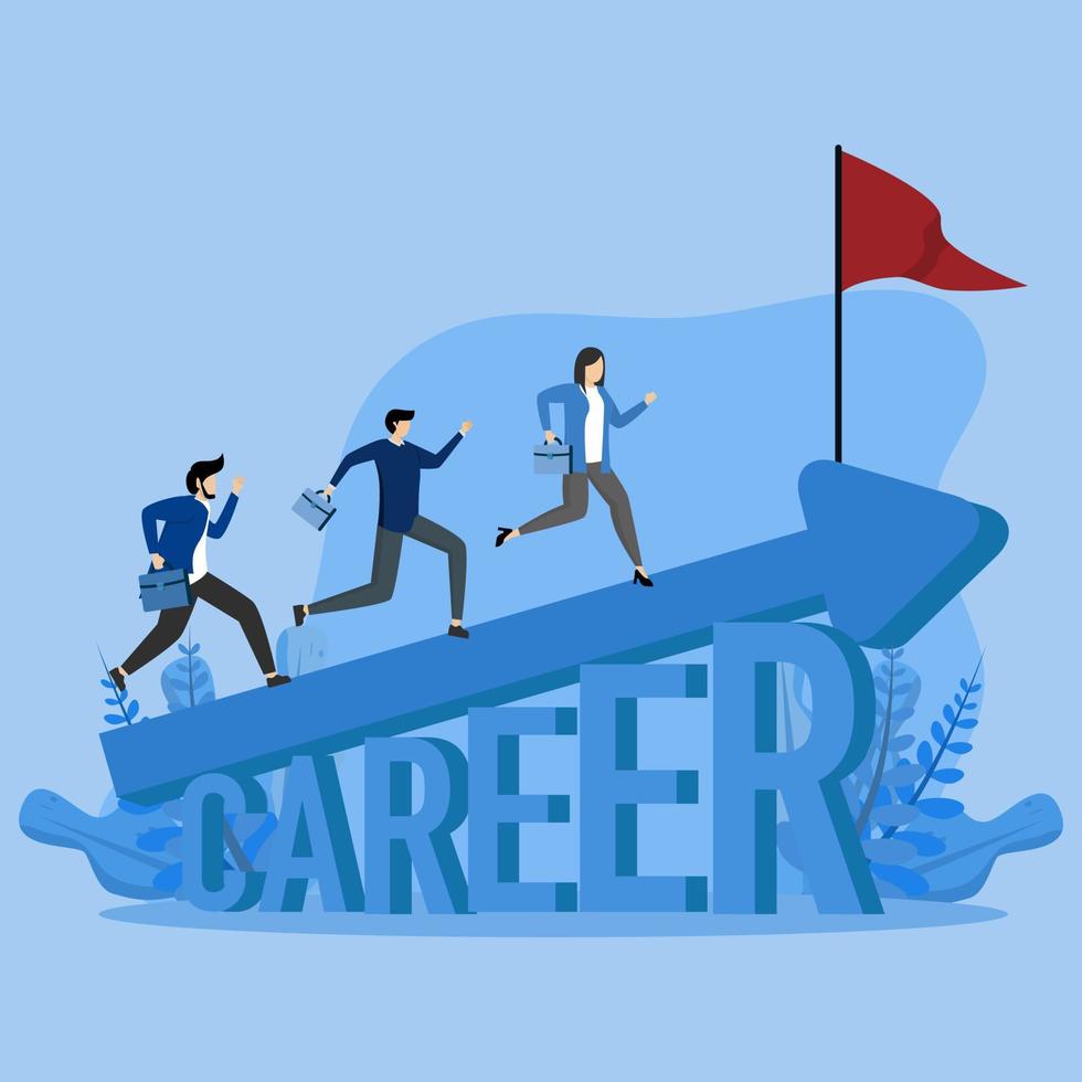 Career growth or career development concept, cheerful businessman and woman walking on growing arrows in word Career, increase or progress towards success in job, salary increase concept. vector