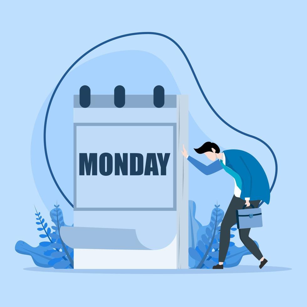 Monday sad, tired and scared of routine office work, tired and sleepy businessman going to work with calendar showing Monday, depressed or sad, sleepy and frustrated worker on Monday morning. vector