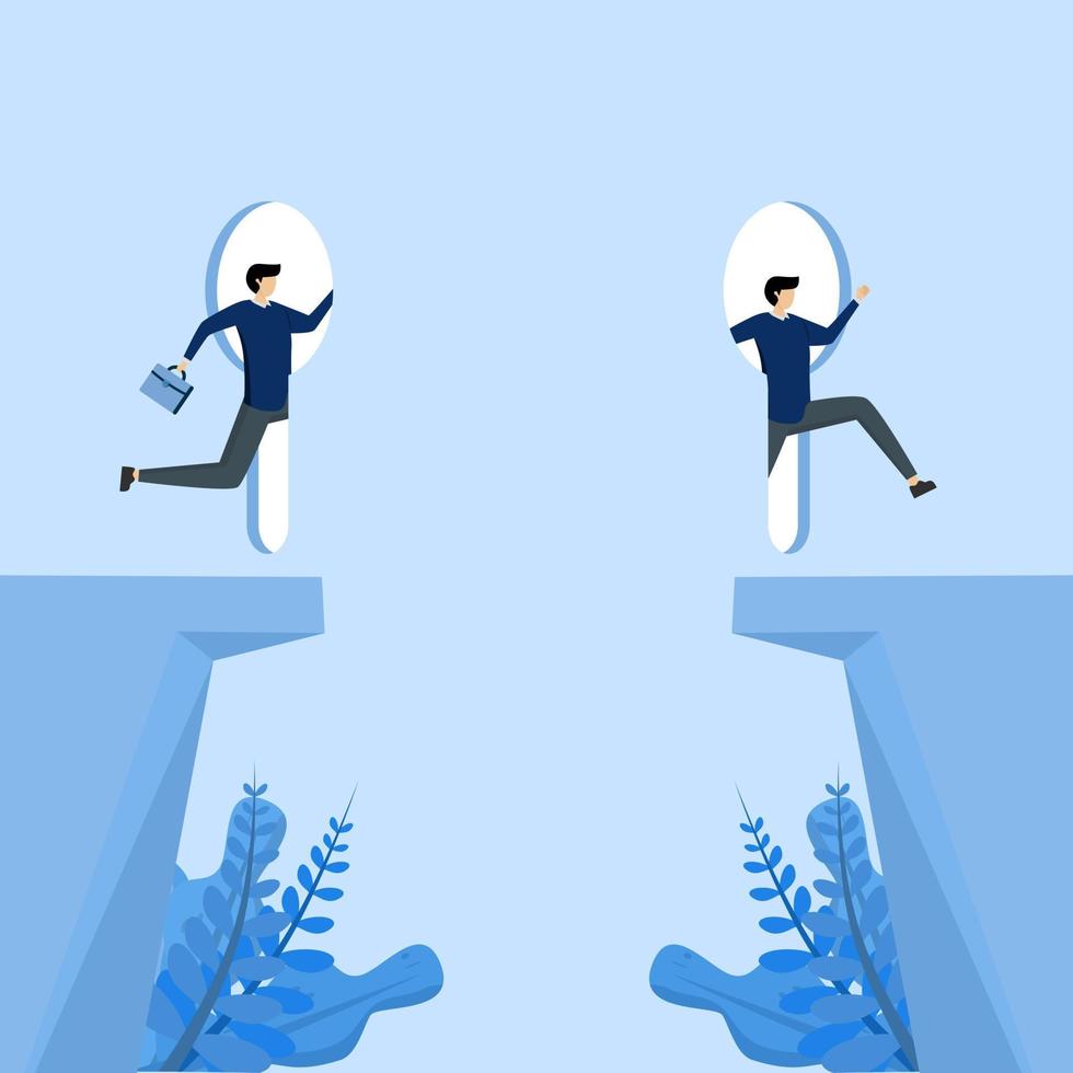 confident businessman accessing keyhole to bypass gap, Shortcut to business success, business solution or opportunity, idea or creativity to solve problem, leadership determination concept. vector