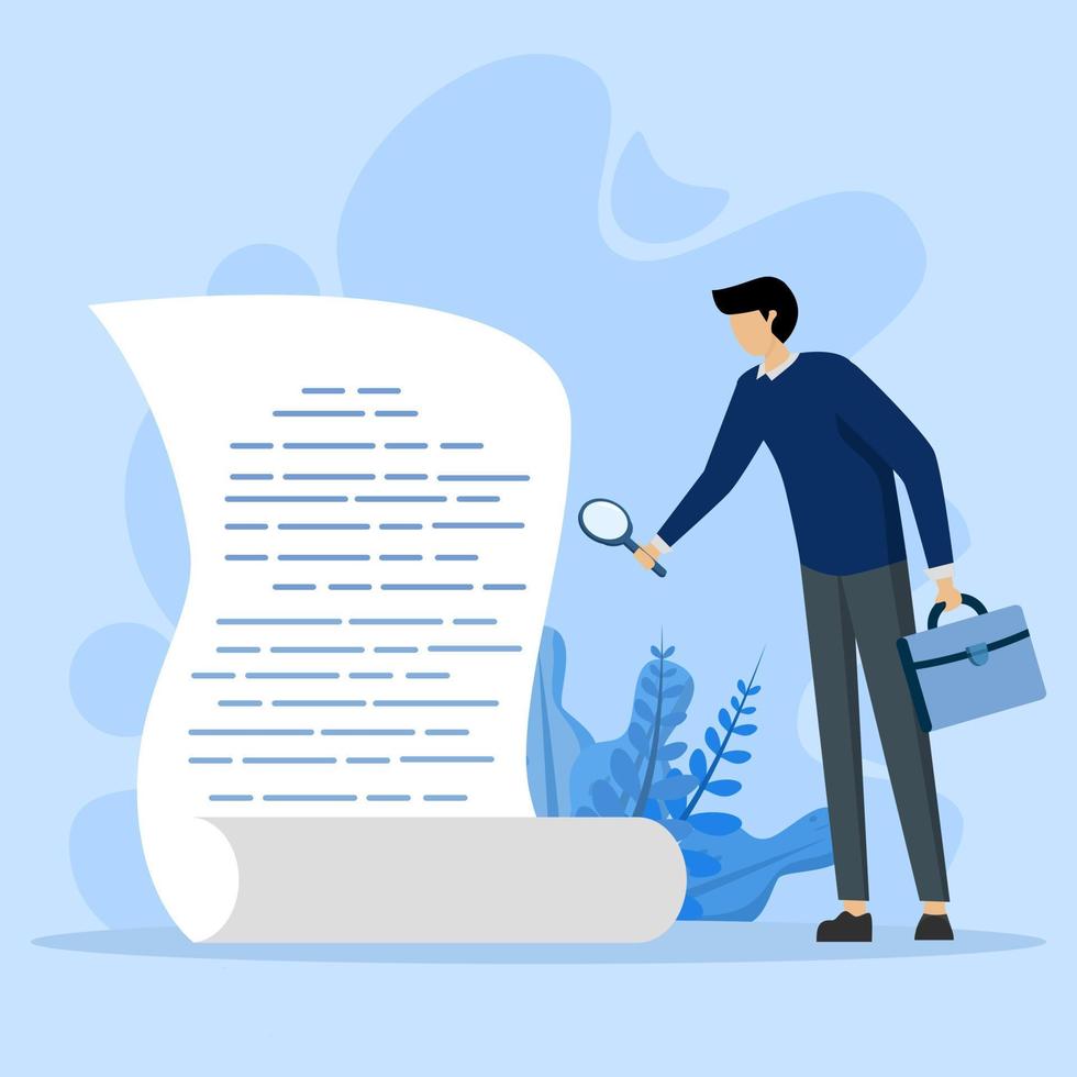 Document check concept, businessman manager holding document paper checking big magnifying glass, contract approval or validation, finance or budget analysis, search document file concept. vector
