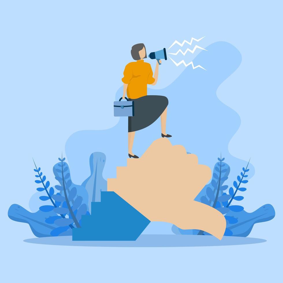 Discrediting or blaming others, bad businesswoman with megaphone discrediting and blaming others with thumbs down symbol, intimidating and despairing, fake news or negative feedback concep. vector