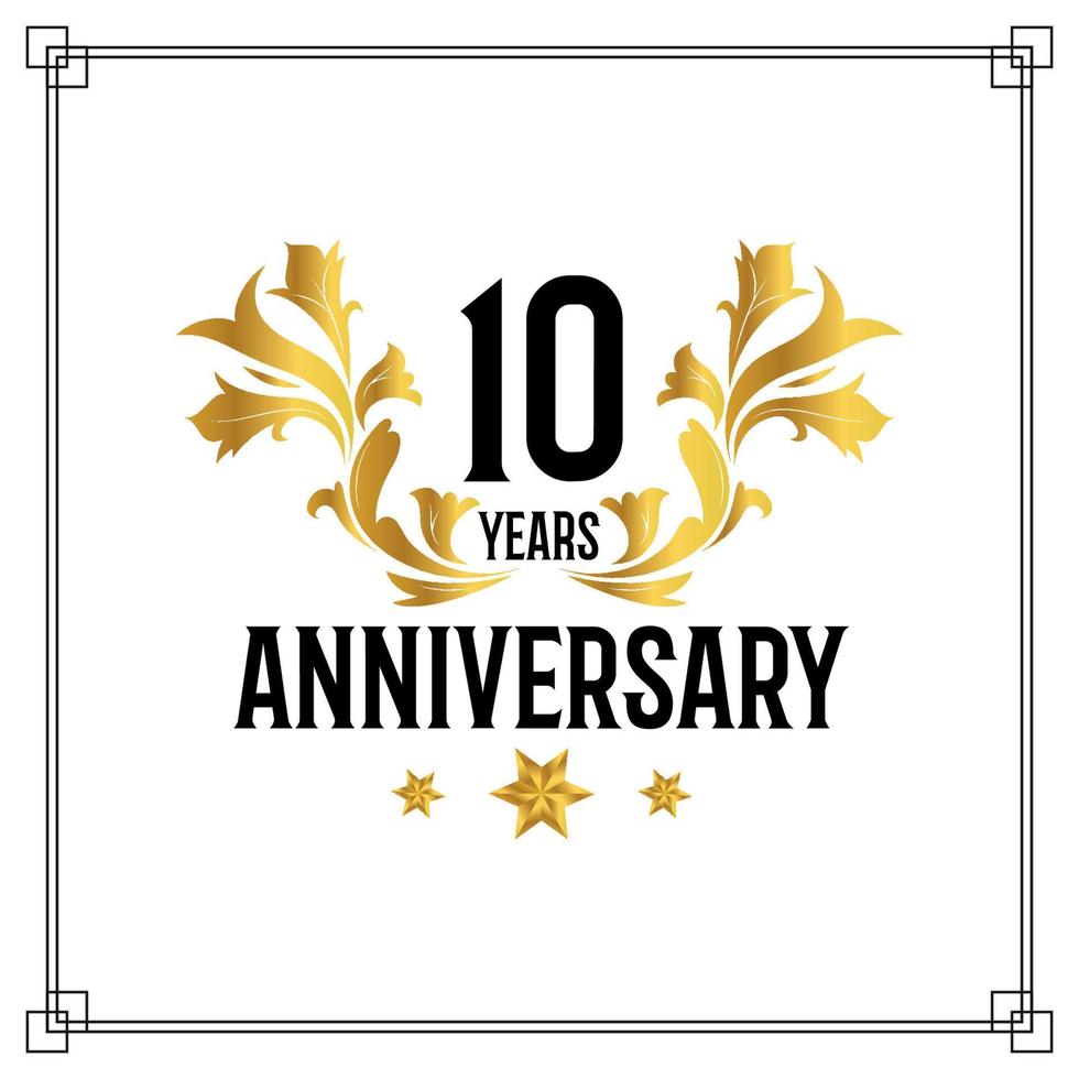 10th anniversary logo, luxurious golden and black color vector design celebration.